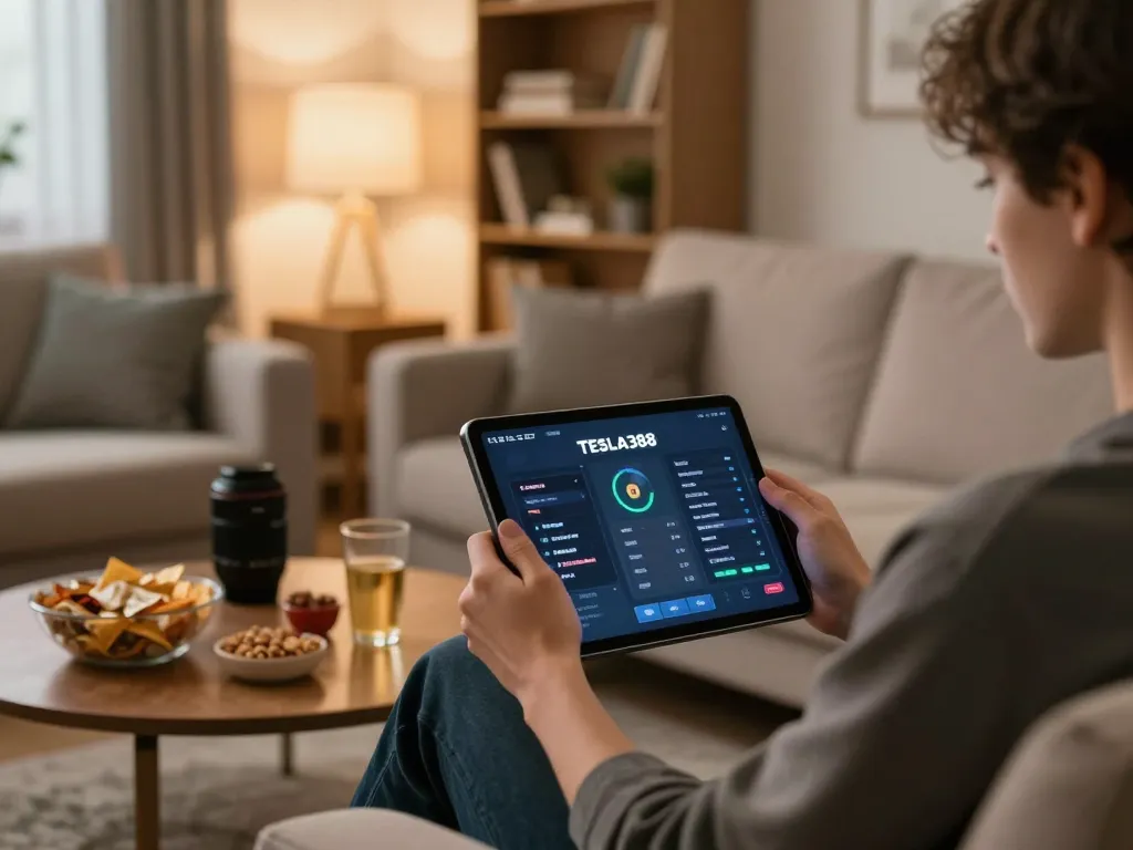 Experience TESLA388 excitement with a player engaged in online gaming in a cozy home setting