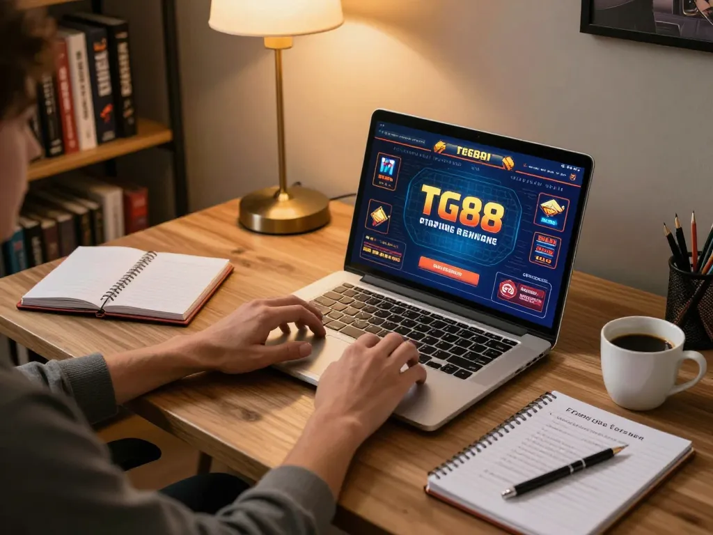 Engaged user playing TG88 online casino games in a stylish home office setting, showcasing responsible gambling