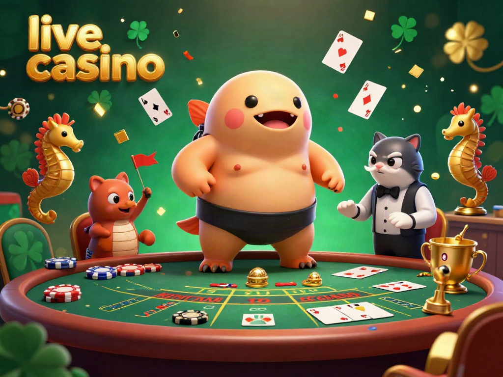 Pengalaman kasino langsung dalam gambar menampilkan fugu raksasa dan dealer, merayakan suasana kasino hidup.