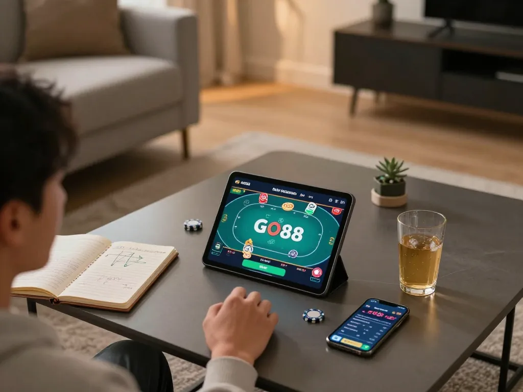 Engaging in online poker at home on GO88 platform, showcasing a modern gaming setup with strategy notes and vibrant gaming interface