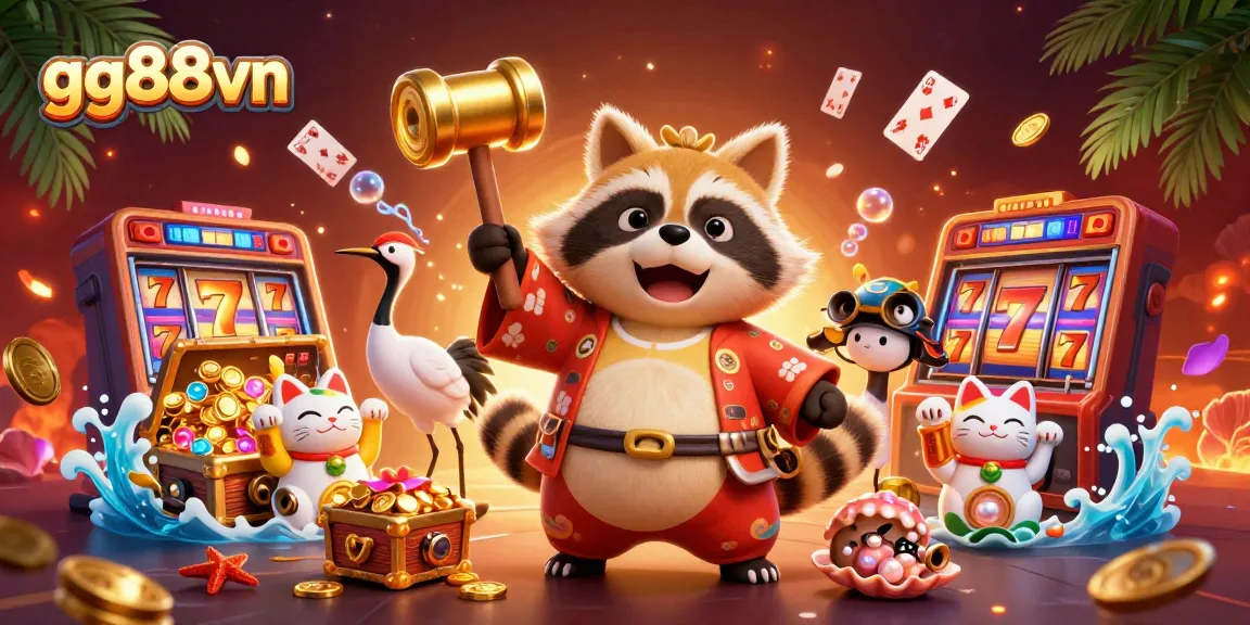 Experience winning at gg88vn with lucky tanuki, vibrant maneki-neko, and colorful casino game elements.