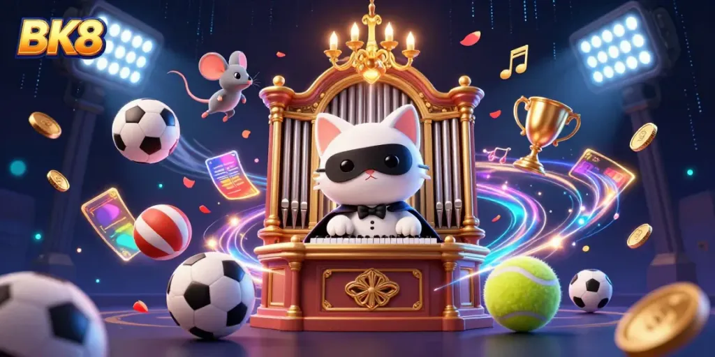 Experience BK8 with excitement, featuring a dynamic casino scene with whimsical characters and sports elements.