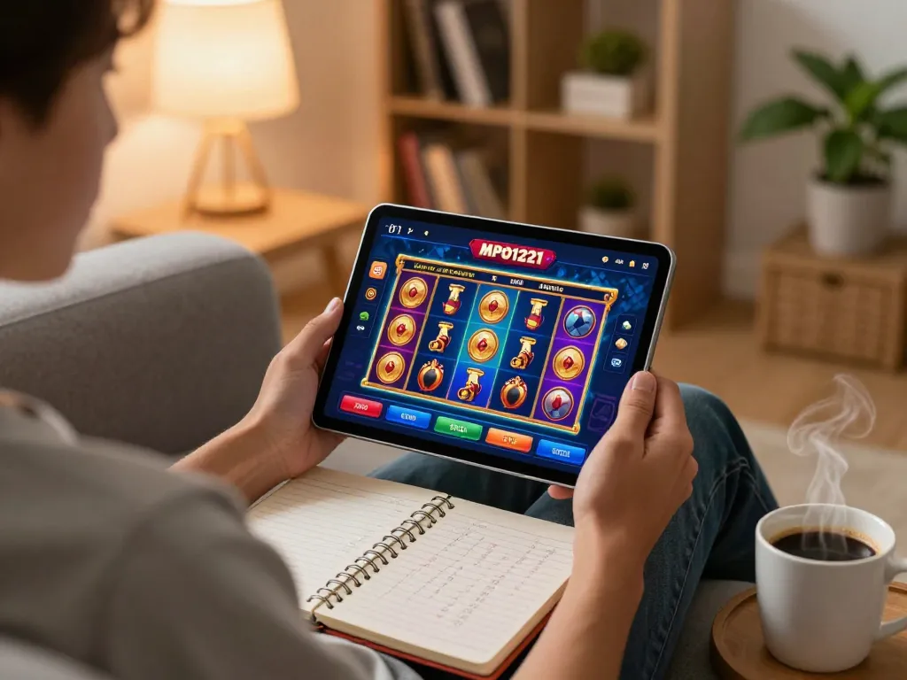 MPO1221 berinteraksi dengan antarmuka permainan slot online sambil bersantai di rumah.