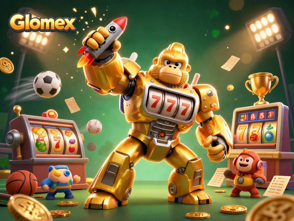 Engage with Glomex in this vibrant casino scene showcasing slot machine slots and exciting sports elements.