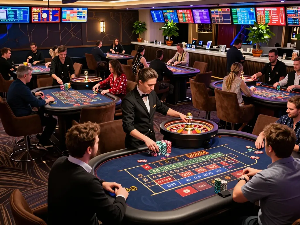 Players enjoying a thrilling BTC casino experience, placing bets at roulette tables in an upscale casino environment.