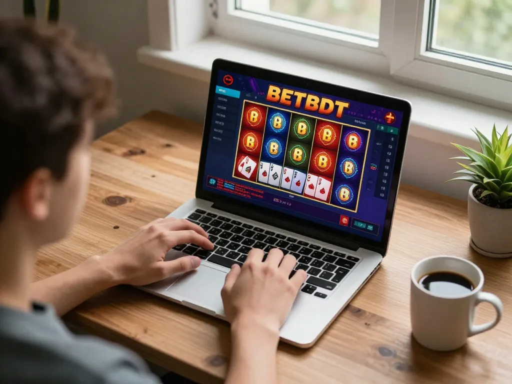 Engaged player enjoying online casino games at https://betbdt.art on their laptop in a cozy setting, emphasizing responsible gaming.