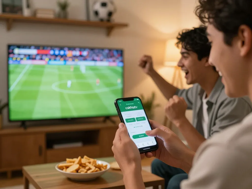 Cakhiatv app enhancing sports betting experience amidst friends during live football match.