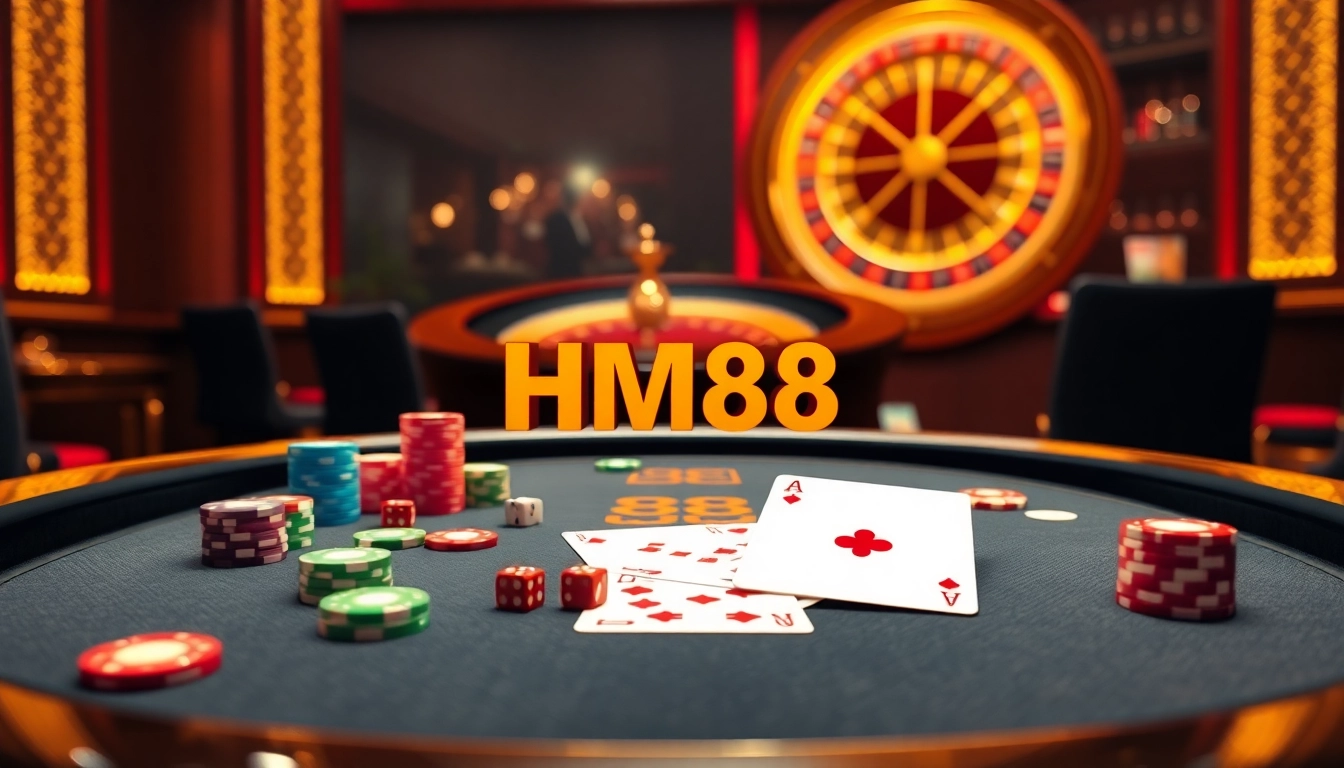 Action-packed gambling scene with HM88 logo, poker table, and roulette wheel showcasing excitement.