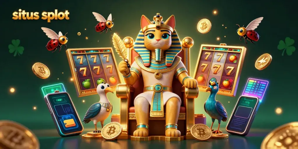 Memainkan situs slot dengan karakter kucing firaun dan simbol keberuntungan dalam ilustrasi 3D yang kaya akan detail.