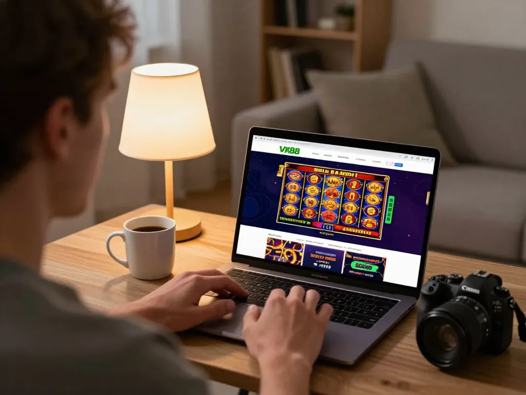 Player experiencing live dealer games and slots on VK88 casino platform from a cozy home setup.