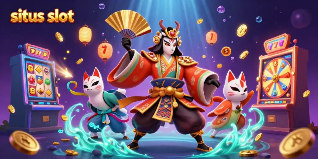 Permainan situs slot menampilkan karakter kabuki dan elemen slot kaya detail dalam ilustrasi 3D.