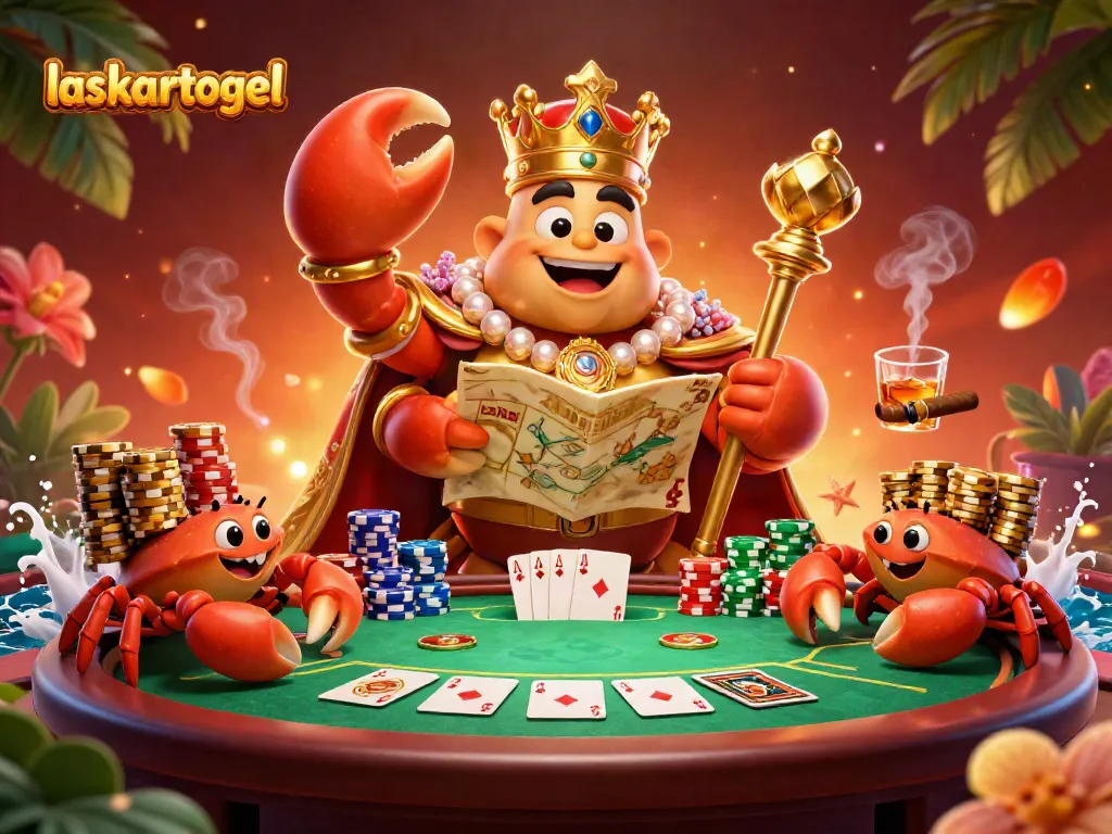 Experience the vibrant gaming world of laskartogel with a golden crab emperor leading a poker table scene.