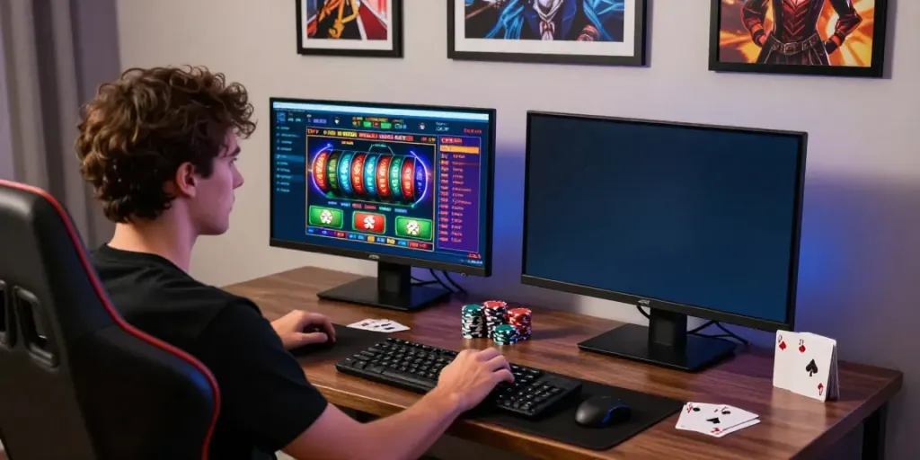 Dynamic online gaming setup featuring xx88 with vibrant casino visuals and poker chips.