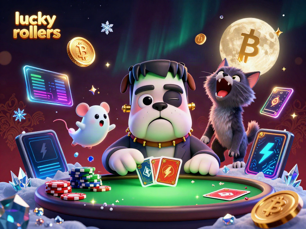 Experience thrilling gameplay at Lucky Rollers with a vibrant 3D illustration of a unique casino scene.
