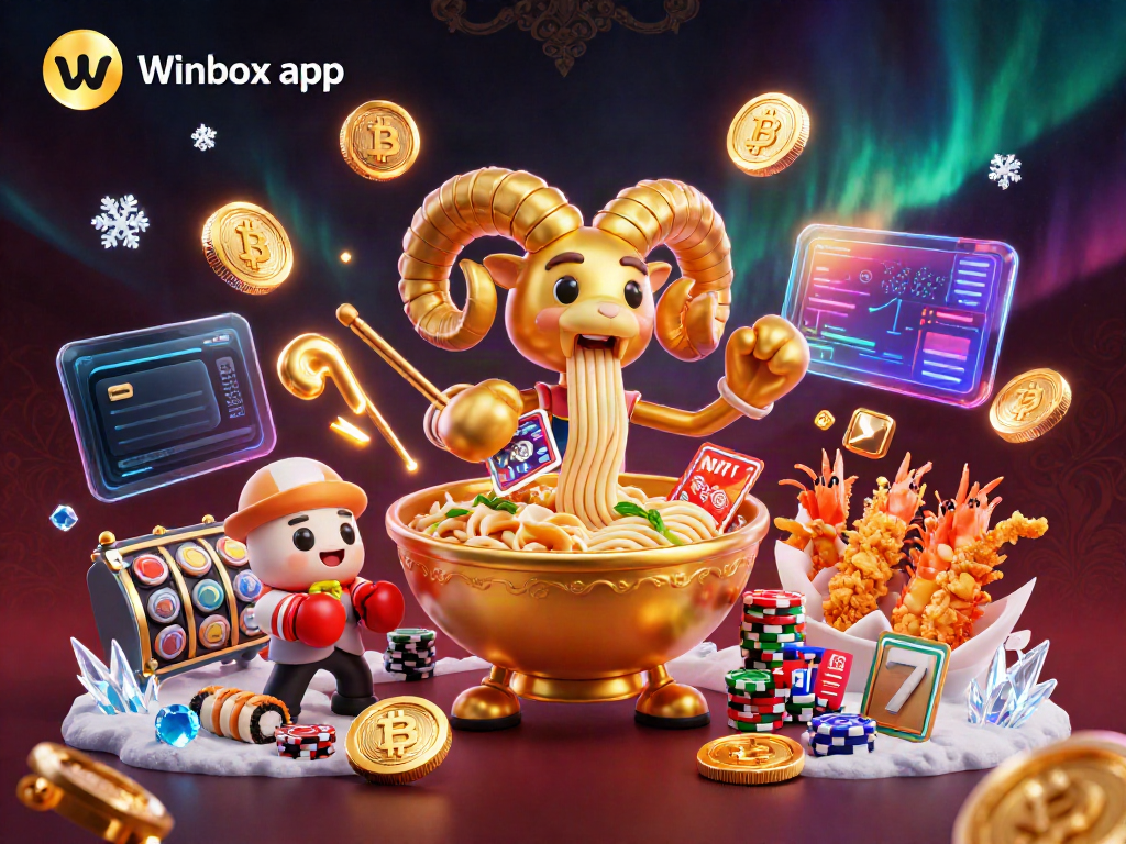Engage with the Winbox app in a vibrant casino scene featuring animated snacks and crypto elements.