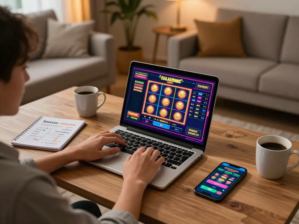 Engaged user enjoying online gaming at home with n188vip on laptop, showcasing a relaxed atmosphere.