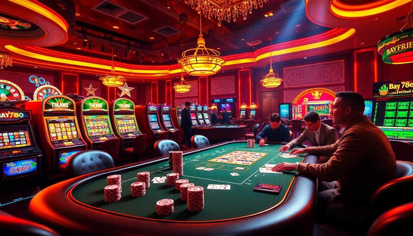 Bay789 players engaging in a thrilling poker game at a luxury casino table with vibrant atmosphere.