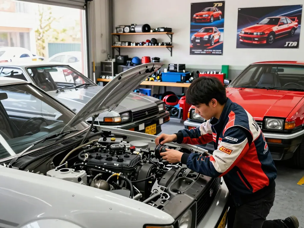 A80 platform enthusiast working on a classic Supra A80 engine in a vibrant garage.
