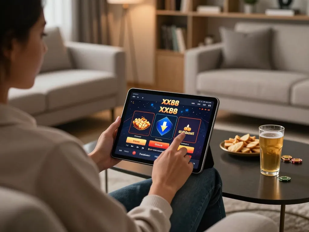 Player enjoying online gaming on XX88 app in cozy living room environment