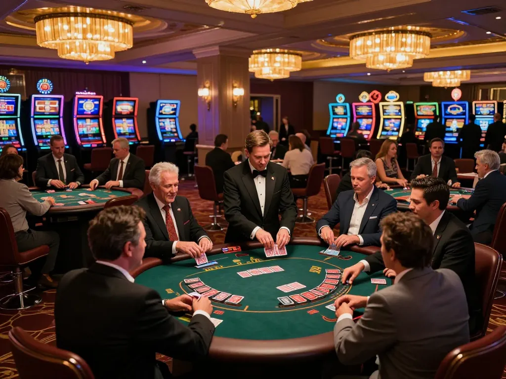 Players enjoying an engaging blackjack experience at 789P's casino floor, vibrant ambiance.