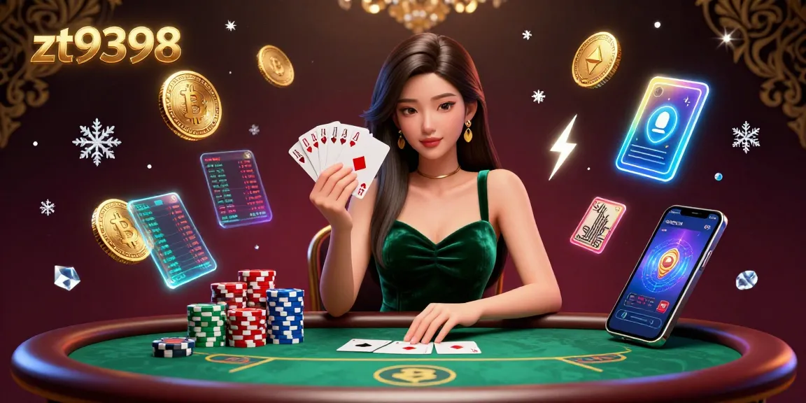 Engage in strategic gambling with zt9398, featuring a poker scene lit elegantly with chip stacks and crypto elements.