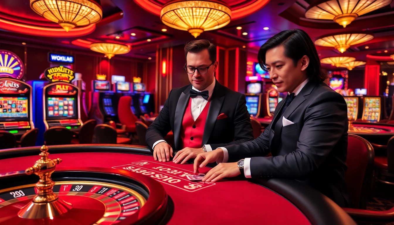 Experience the excitement of gambling on https://lv88.ltd/ with a luxurious casino scene featuring professional dealers and vibrant gaming action.