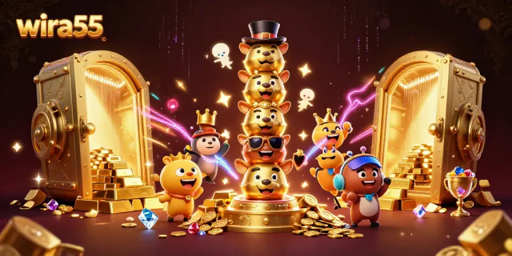 Play exciting games at wira55 with a vibrant 3D illustration showcasing casino elements and a golden totem!