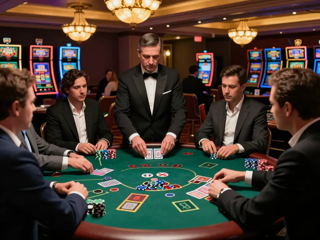 Players at a CM88 blackjack table strategizing under warm lighting in an elegant casino setting.