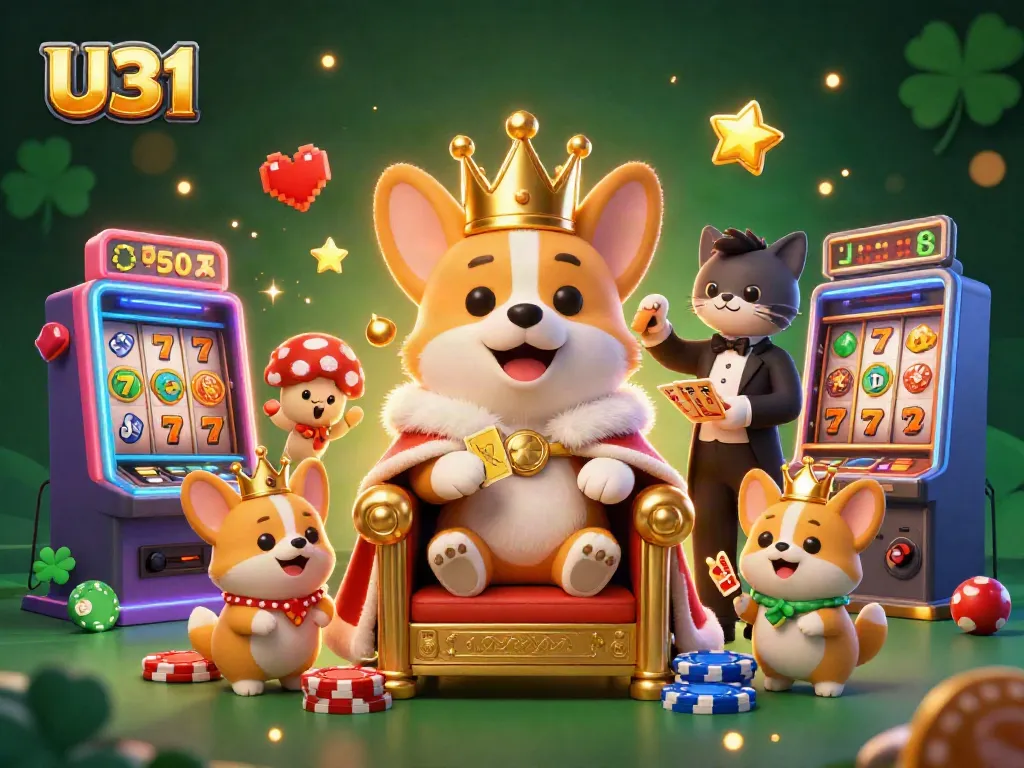 Engage with U31 slot action featuring a royal corgi in a vibrant casino setting with gold and gaming elements.