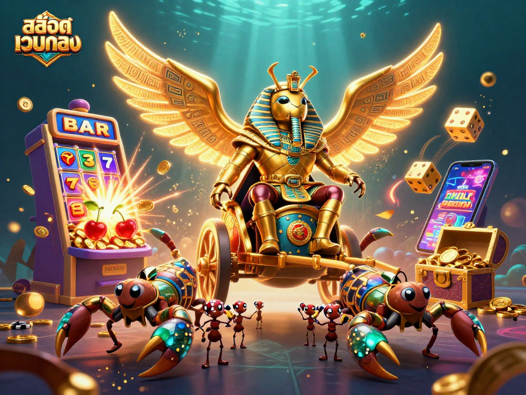 Engage in สล็อตเว็บตรง gaming with a vibrant illustration featuring a golden scarab beetle and dynamic slot machine elements.