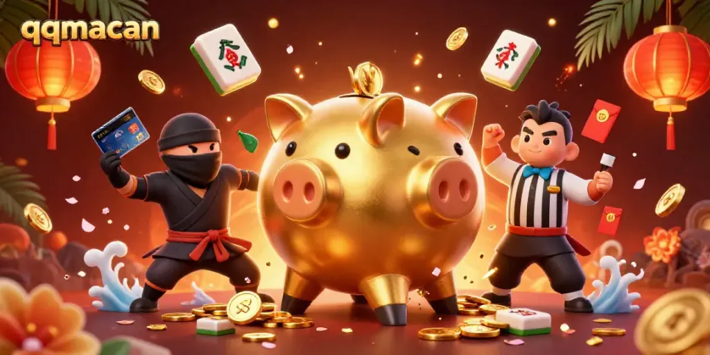 Experience the excitement of qqmacan with a lively scene of a golden piggy bank sumo wrestler and colorful casino elements.