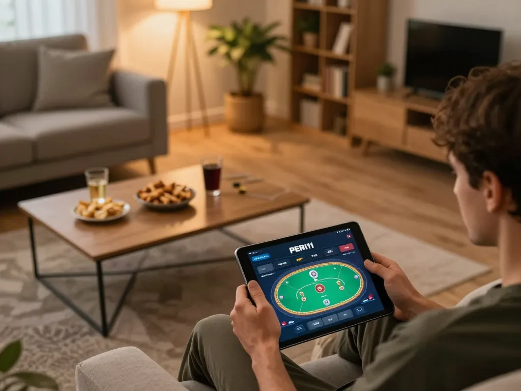 Engaging in online gaming with PERI11 platform on tablet in a cozy home setting