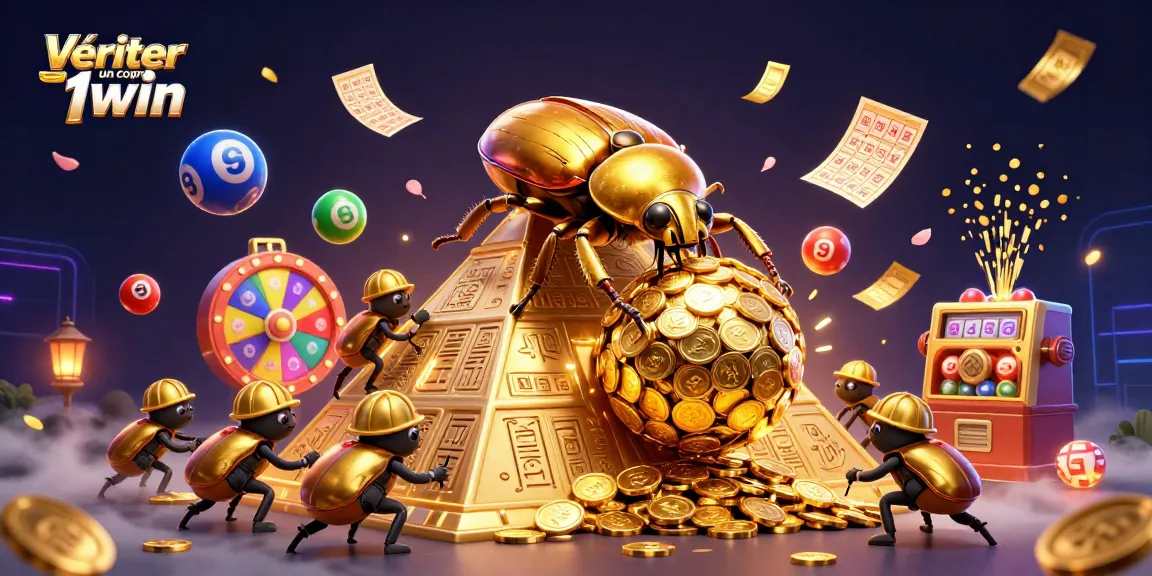 Vérifier un coupon 1win avec un scarabée doré et des éléments de casino animés.