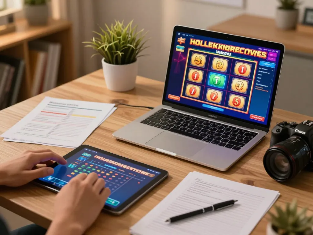 Engaged player reviewing strategies for Slot Resmi games during online session in a cozy home setup.