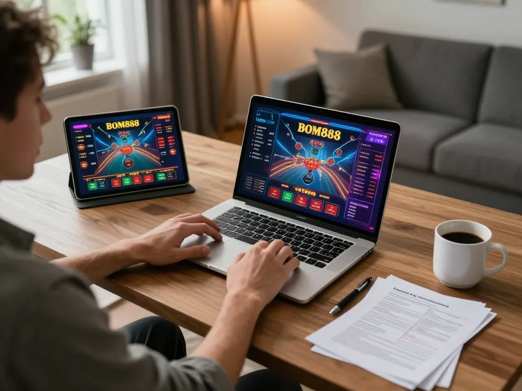 Pemain BOM88 terlibat dalam permainan online di ruang kerja yang stylish dengan catatan strategi.