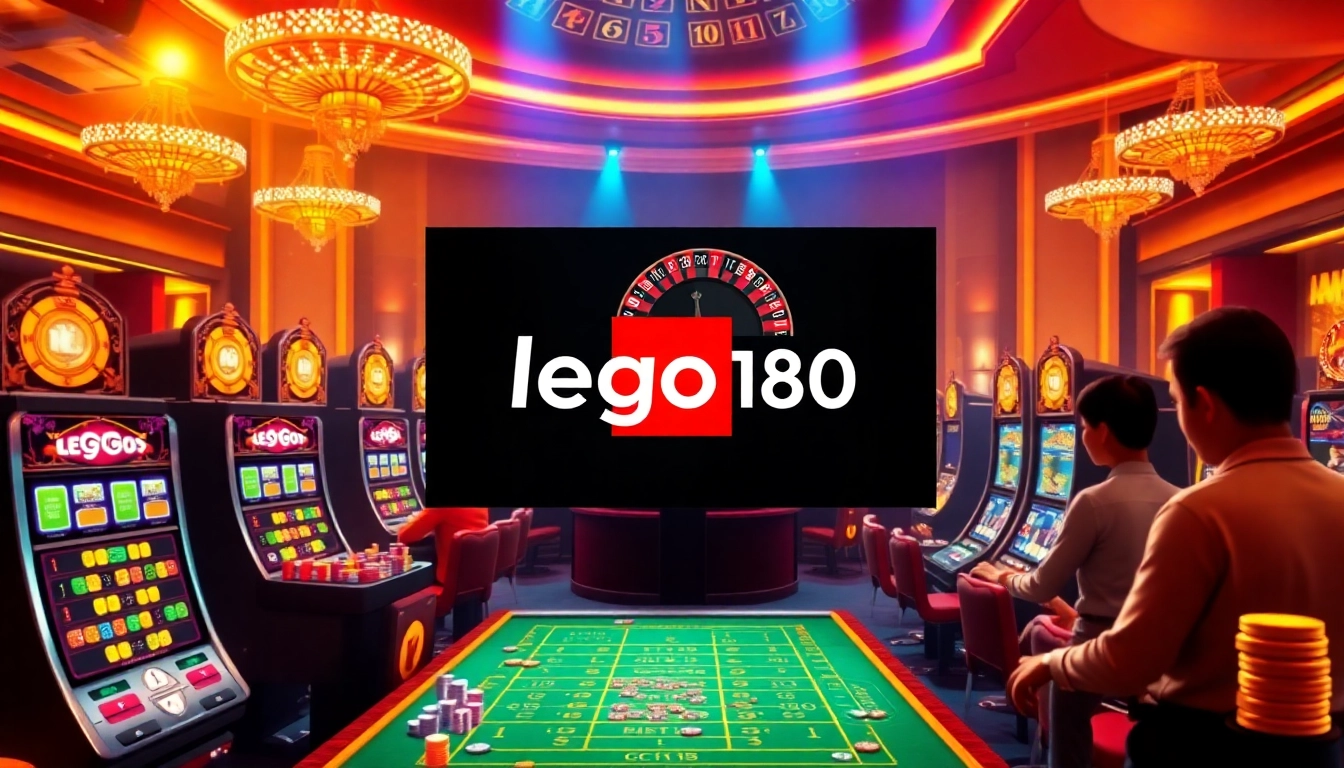 Players betting on lego138 with vibrant casino tables and exciting slot machines lighting up the scene.