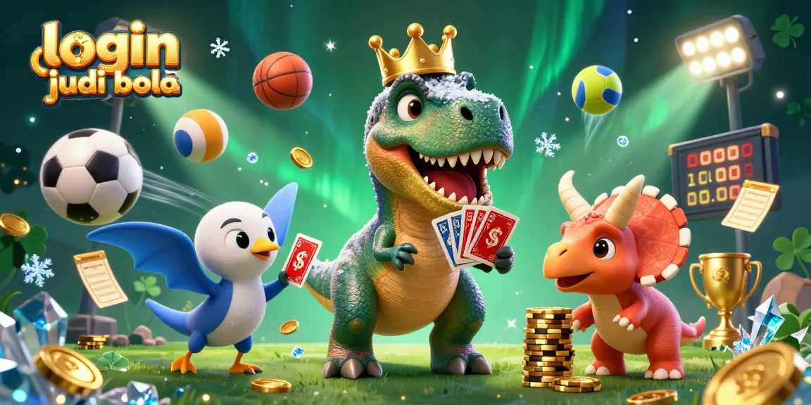 Engage in strategic gaming with login judi bola featuring a dinosaur and sports elements in a vibrant 3D scene.