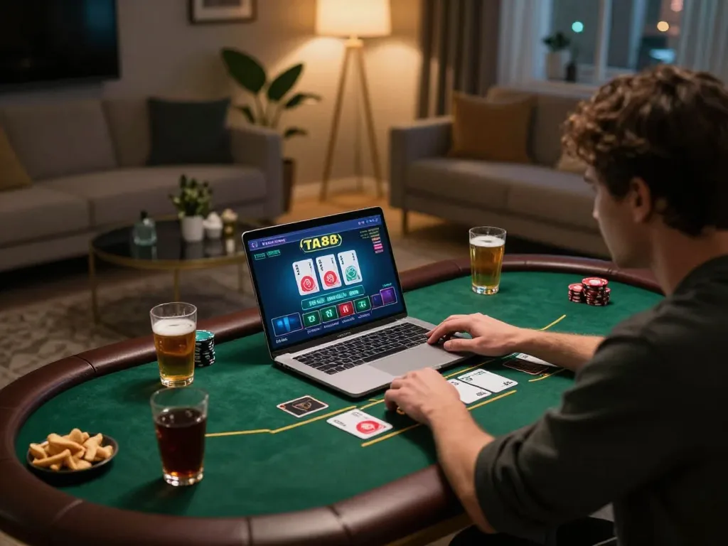 Person playing live dealer blackjack on TA88’s platform in a cozy home setting