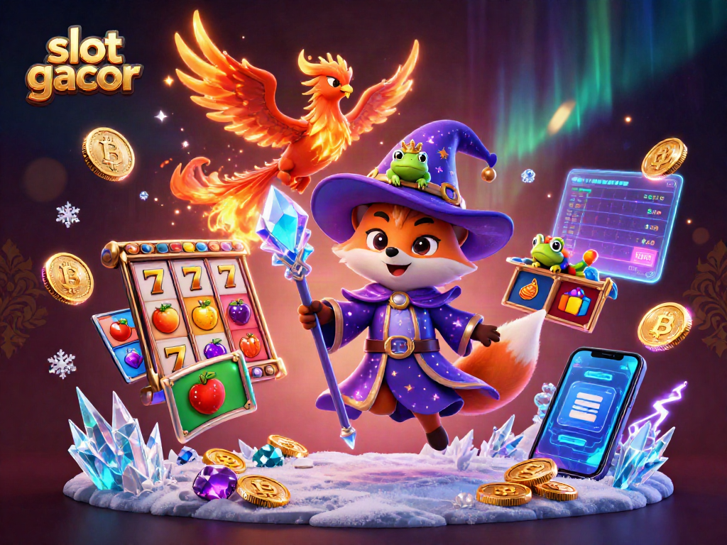 Spin vibrant slot gacor reels surrounded by mystical characters and crypto elements in a rich 3D scene.