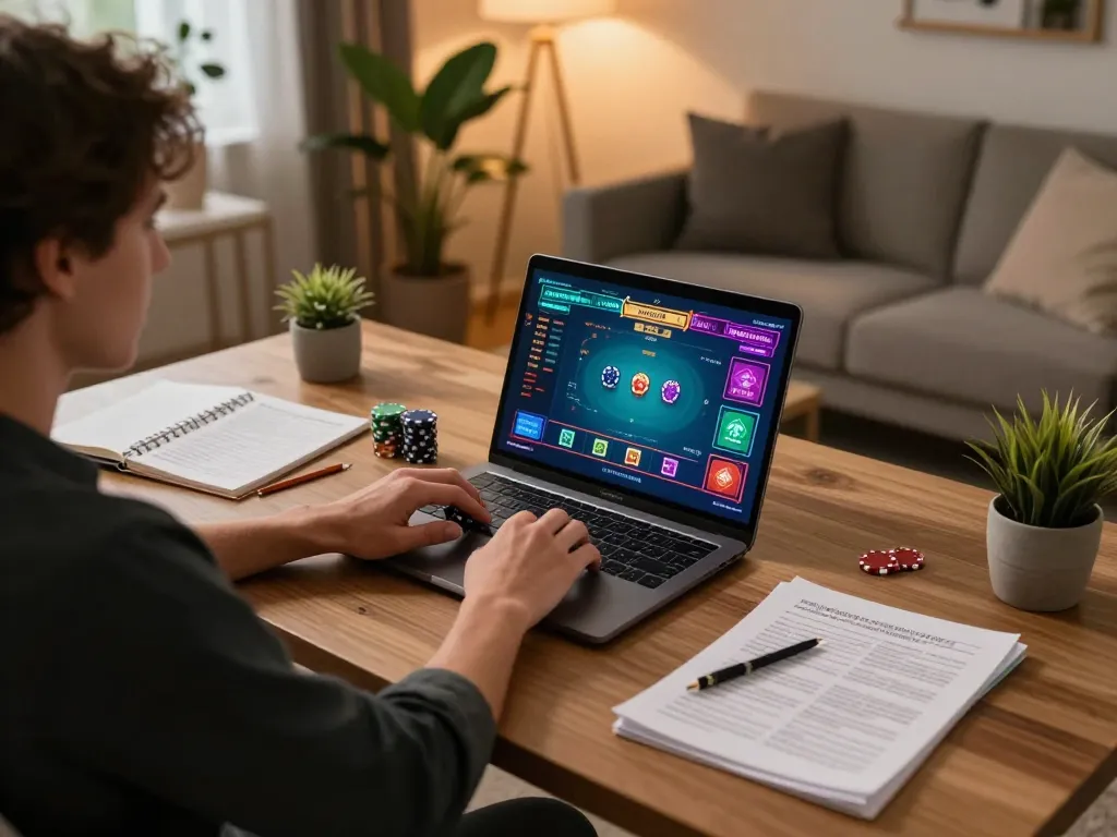 Engaging in online poker strategies with Hubet, showcasing a stylish home office setup.