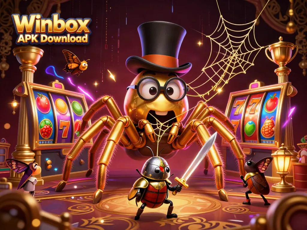 Winbox APK Download features a golden tarantula and beetle knight in an engaging casino scene.