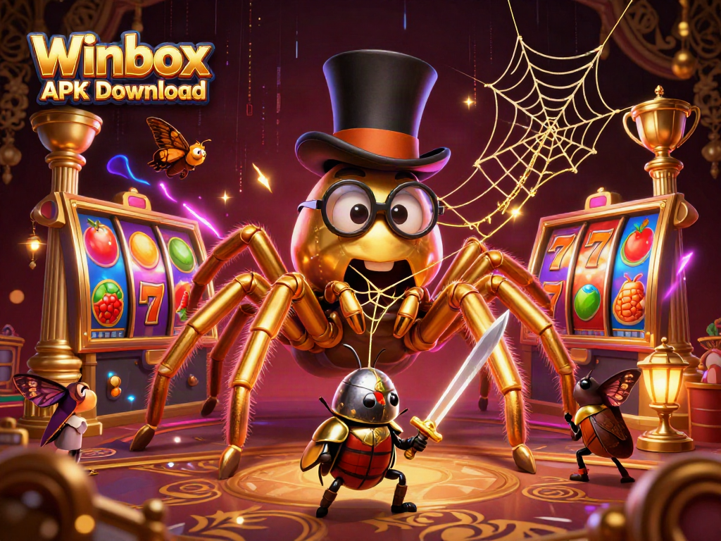 Winbox APK Download features a golden tarantula and beetle knight in an engaging casino scene.