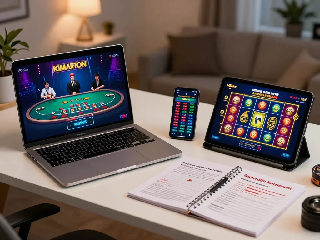 Engaged player strategizing for online gambling with FIVE88, showcasing laptop and mobile devices in action