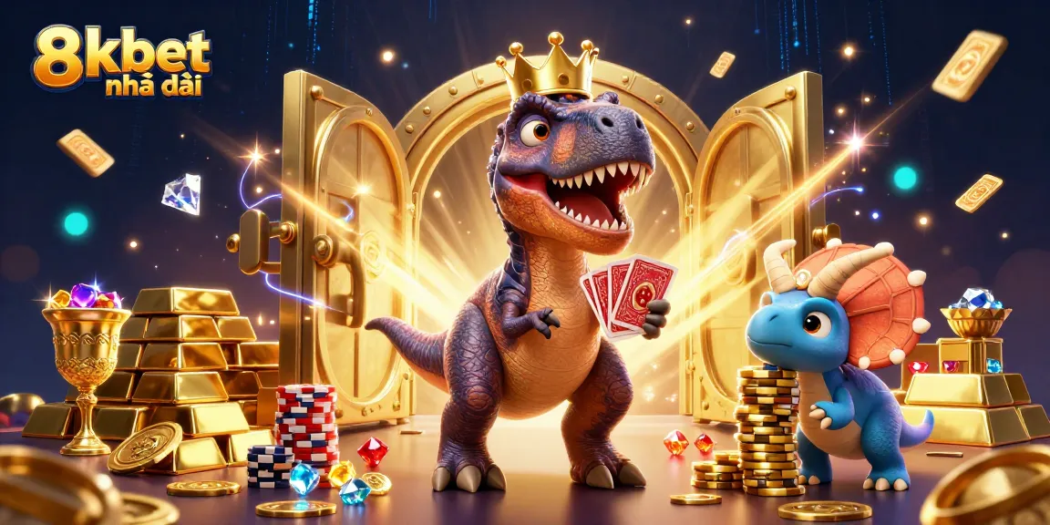 Stack winning hands at 8xbet nhà cái with a cartoon T-Rex, pterodactyl, and triceratops in a vibrant casino scene.