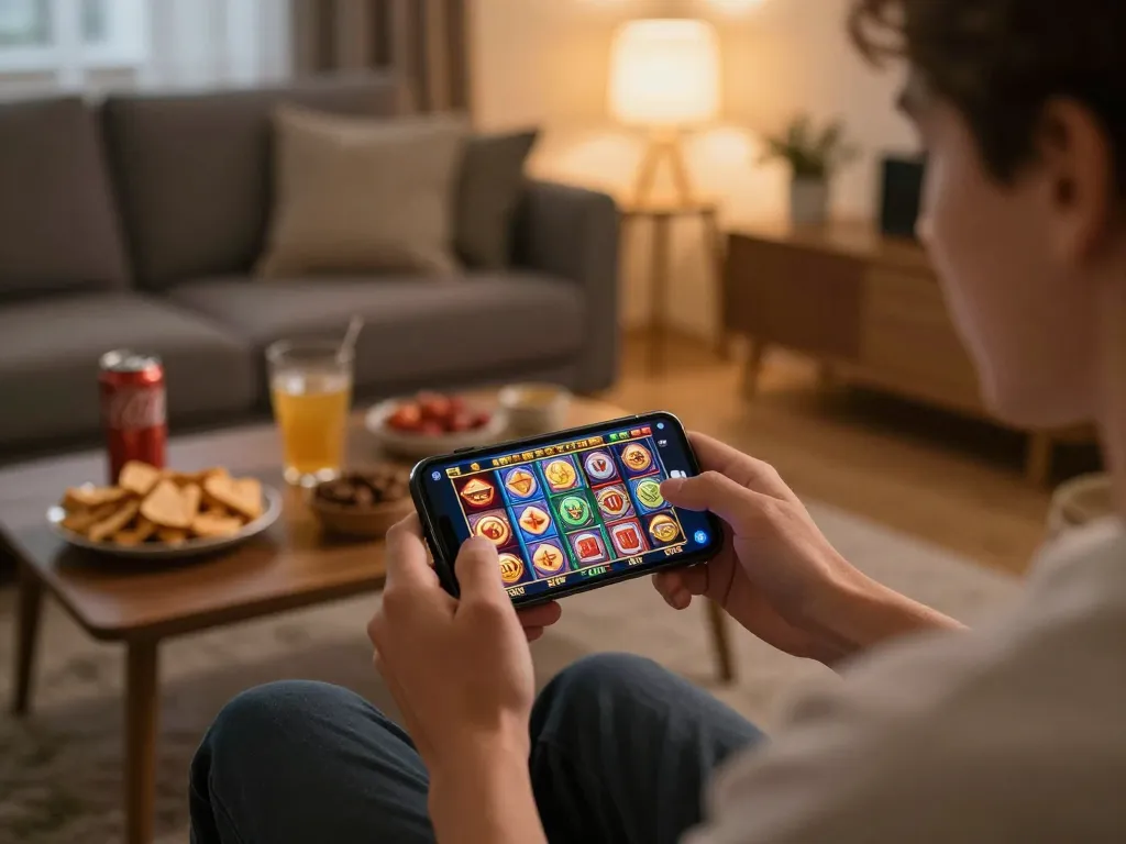 Engaging in situs slot gaming at home on a smartphone with vibrant symbols