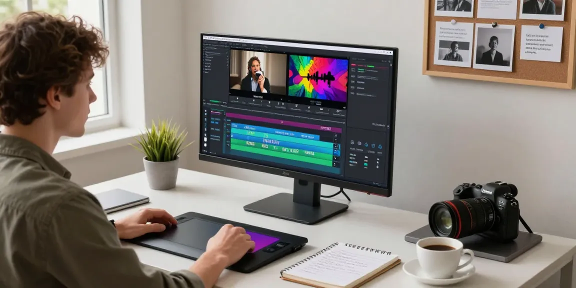 Easily add text to video in a modern editing studio with creative workspace elements and video tools.