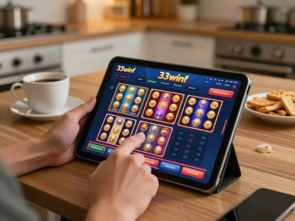 Engaging online casino gameplay on the 33winf platform with vibrant interfaces and cozy home setting