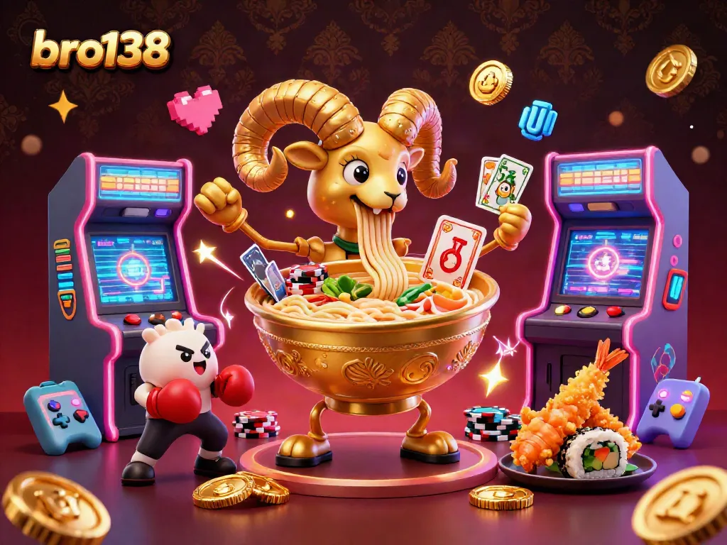 Engage with the vibrant world of bro138, featuring a golden ramen bowl dealer in a lively casino scene.