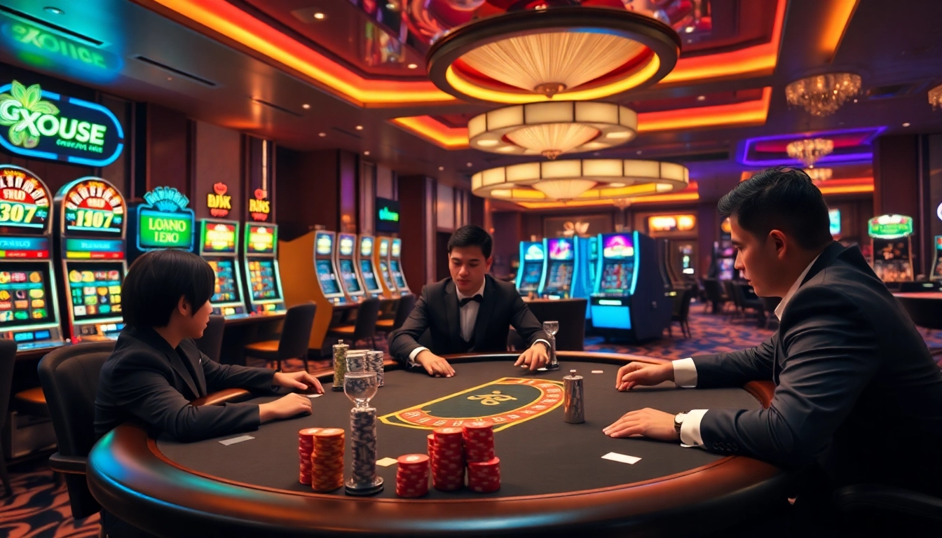 Players enjoying Texas Hold'em at KP88 casino with vibrant decorations and thrilling atmosphere