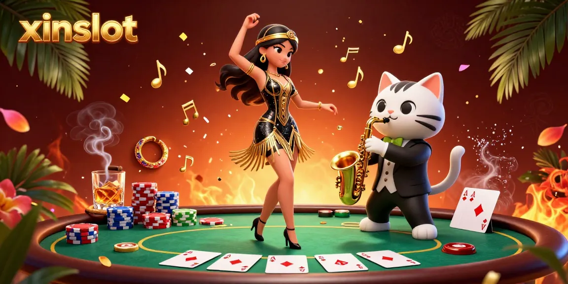 XINSLOT showcases a vibrant scene with a flapper dancer and saxophone cat amidst colorful poker elements.